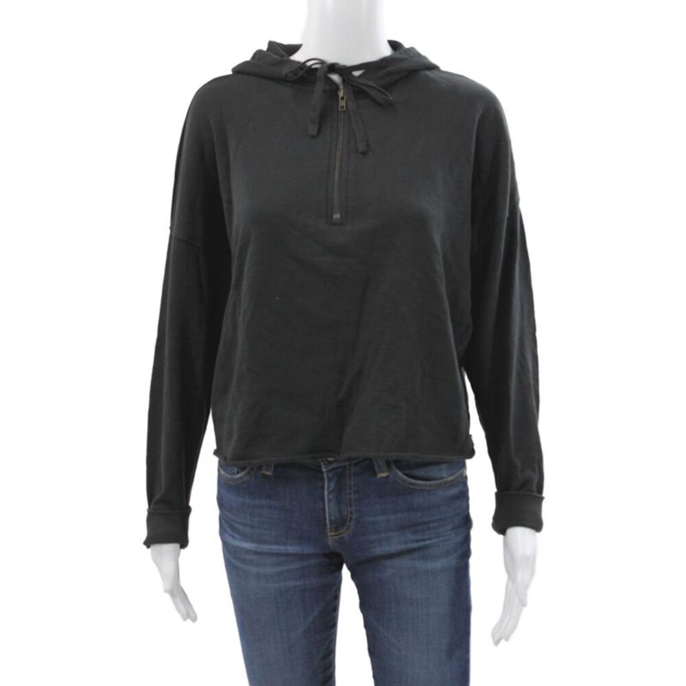 Leallo Women Pullover Hoodie Black V-Neck 100% Cotton Long Sleeve Size XS